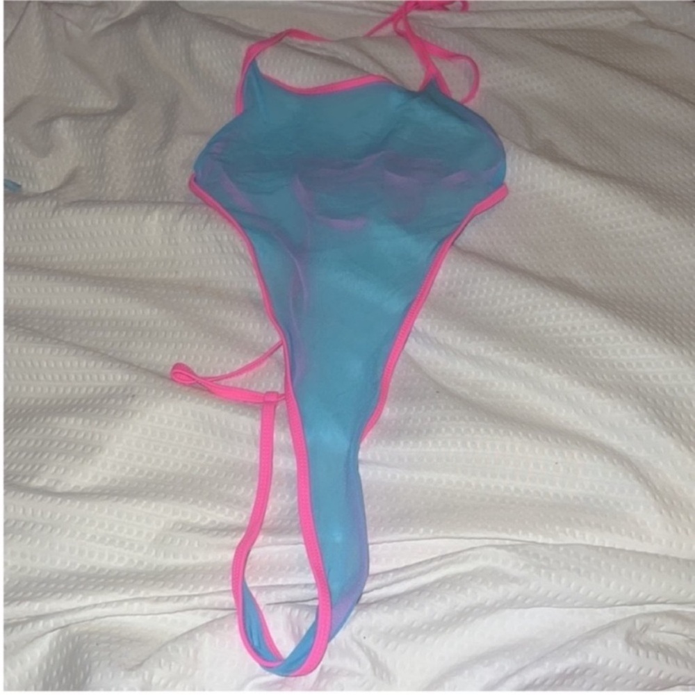 Blue Sheer Bodysuit with Pink Trim